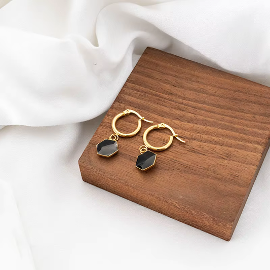 Gold Plated Black Stone Hoop Earrings for Women