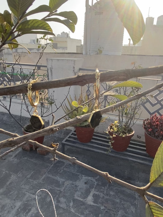 Gold Plated Black Stone Hoop Earrings for Women